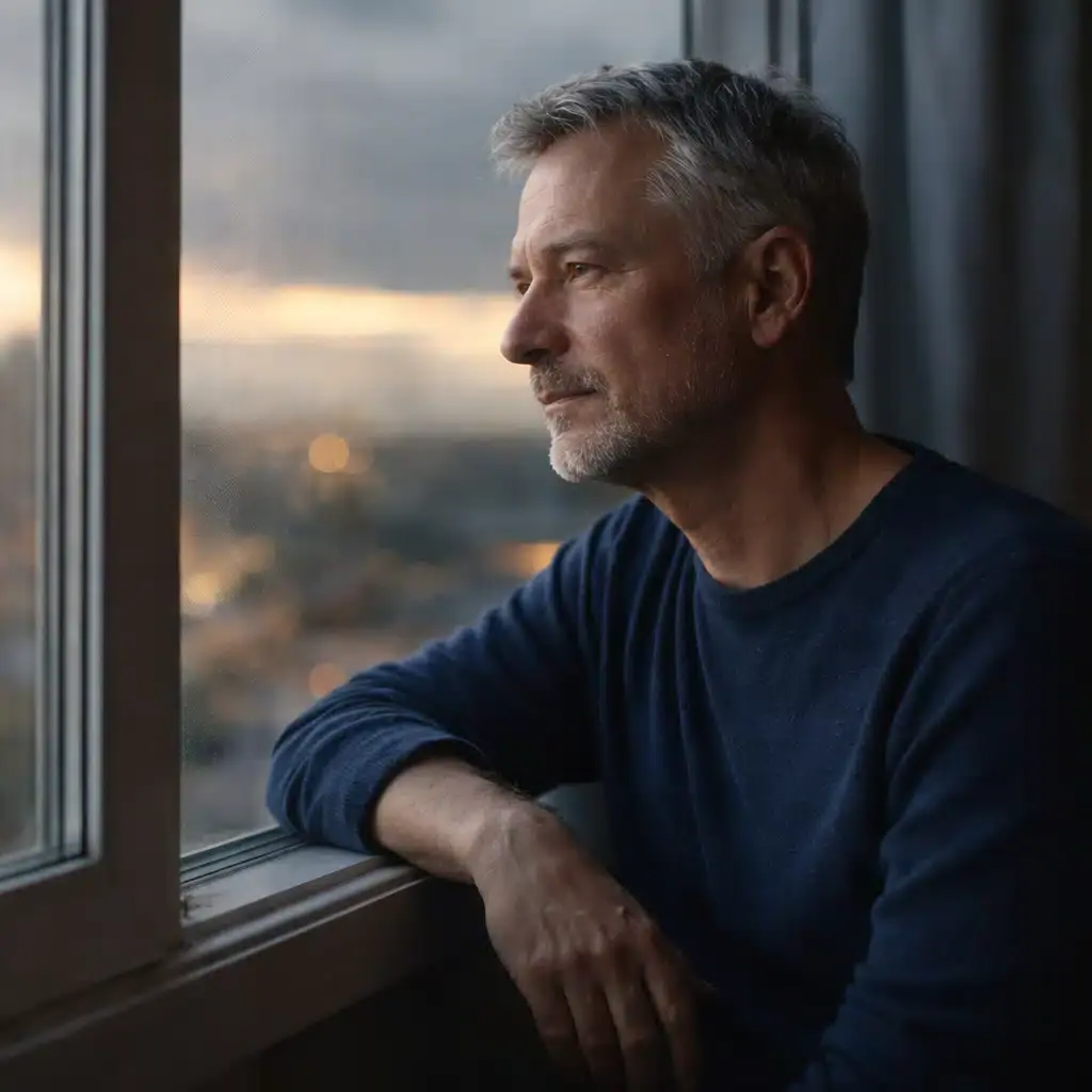 Mann 50 blickt nachdenklich aus dem Fenster – Neustart im Leben. Männer 50+